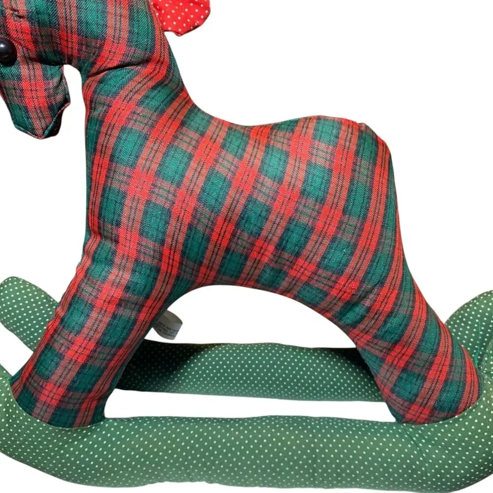 Vintage Handmade Red Green Plaid Rocking Horse Plush Christmas Holiday Stuffed